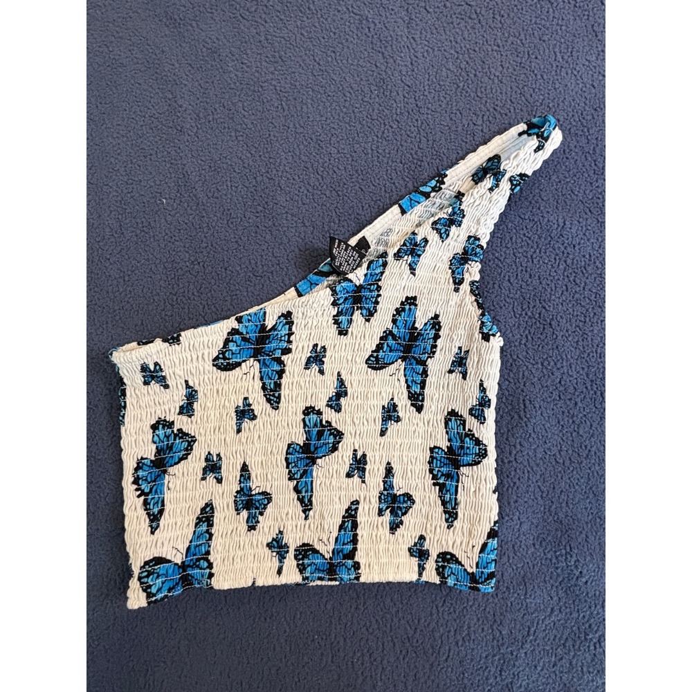Rue21 One Shoulder Smocked Butterfly Crop Top Blue White XS Y2K Style